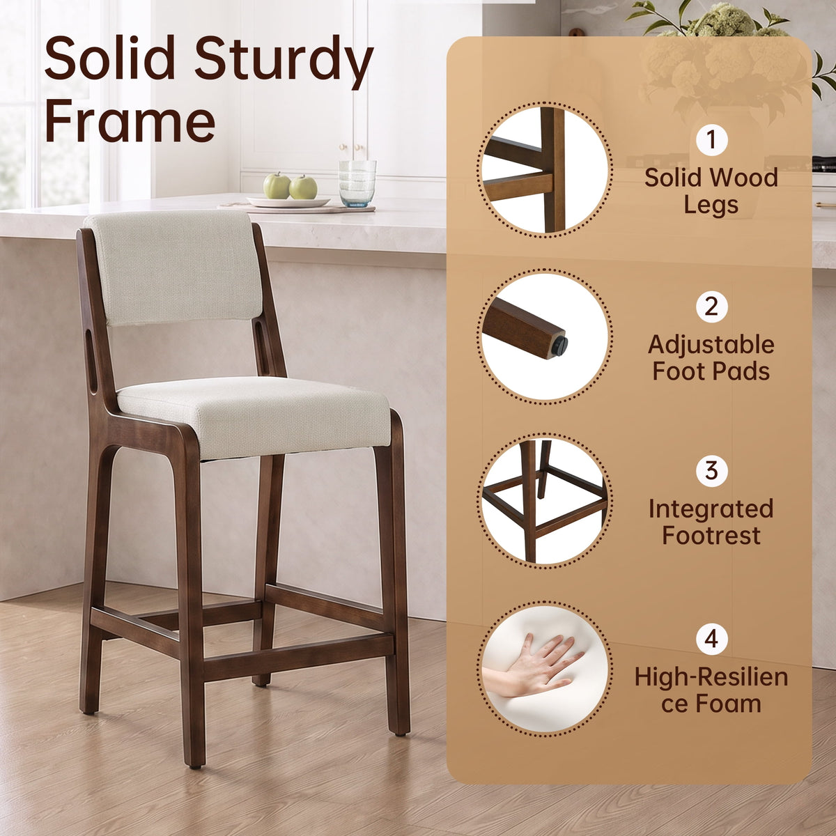 Modern Upholstered Counter Height Bar Stools Set of 2 with Solid Wood Legs and Integrated Footrest for Kitchen Island, Dining Room, Home Bar