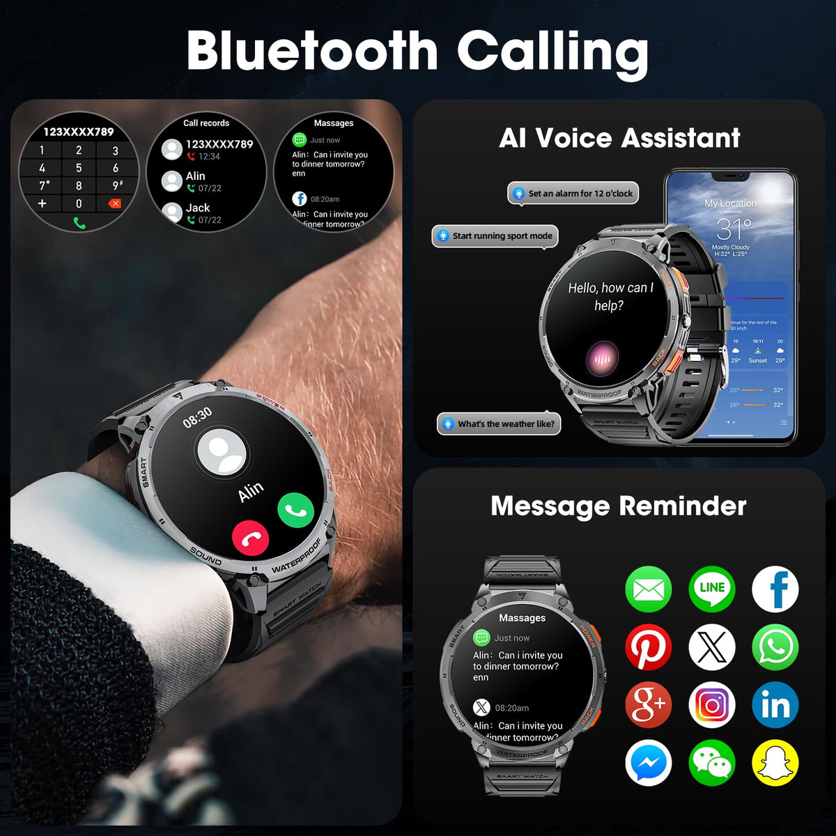 Military Smart Watch for Men, 55MM AMOLED Display，with 110+Sports Modes/IP68 waterproof，fits for Android and iPhone Devices (Black)