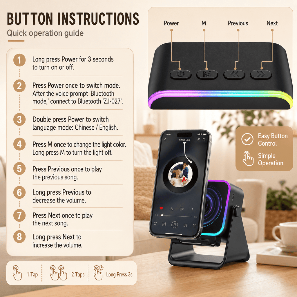 Wireless Induction Speaker, 6 in 1 Cell Phone Stand with Bluetooth Speaker, HD Stereo Sound, 5000mAh Rechargeable, Colorful Ambient Light, Compatible with Iphone/Android/Ipad, Gifts for Men Women