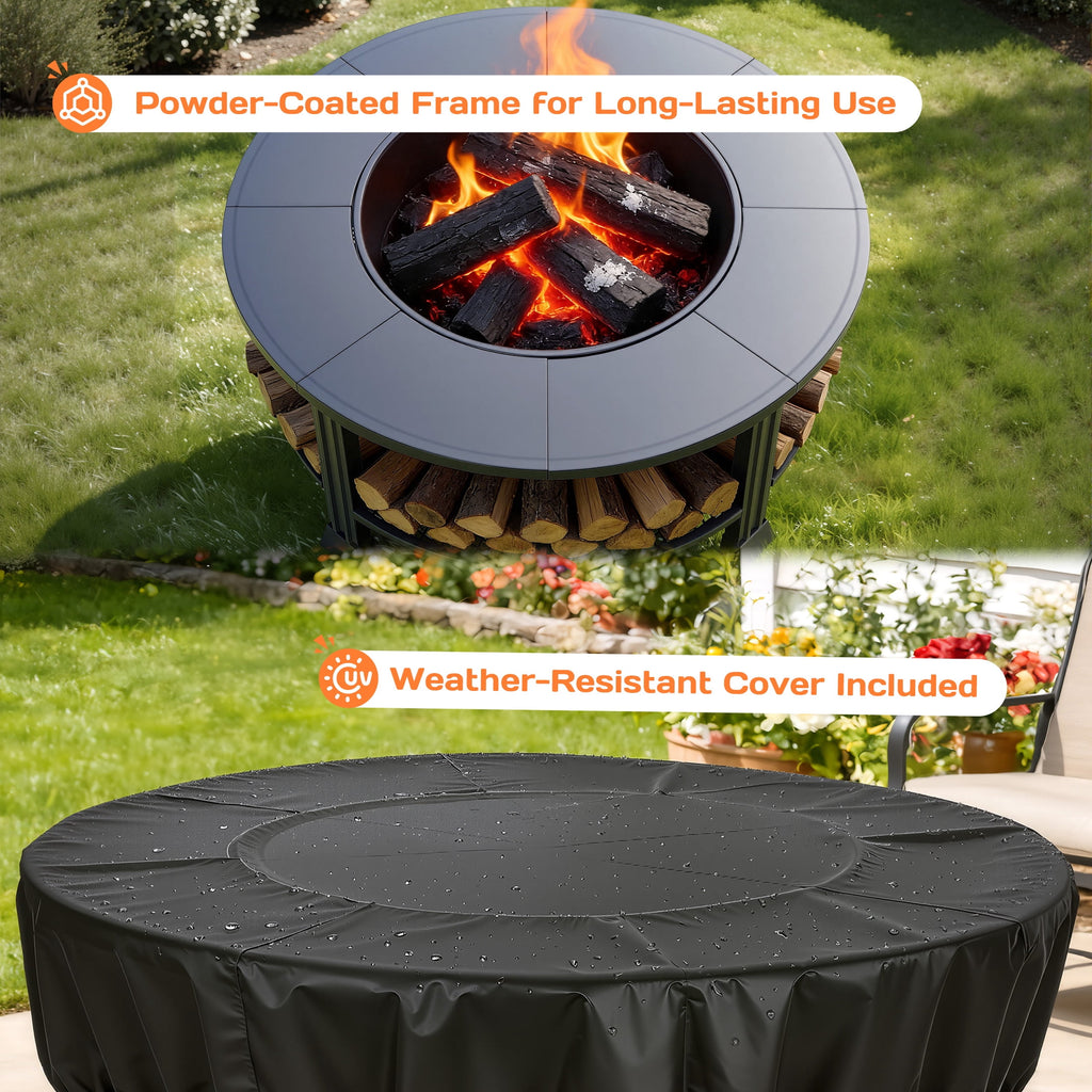 38" Fire Pits for Outside, SEGMART Outdoor Fire Pit, Round Wood Burning Fire Pit with Grill, Poker, Waterproof Cover, Fire Pit Table for Patio BBQ, Backyard Fire Pit, Firepit for Outside Patio, Black