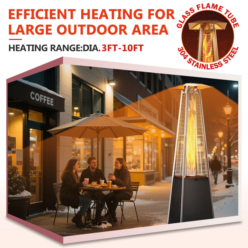 Patio Heater for Outdoor Use, 48,000BTU Powerful Pyramid Heater with Stable Base, Outdoor Porch Yard Propane Heater with Quartz Glass Tube for Fire, Dia 10FT Heating