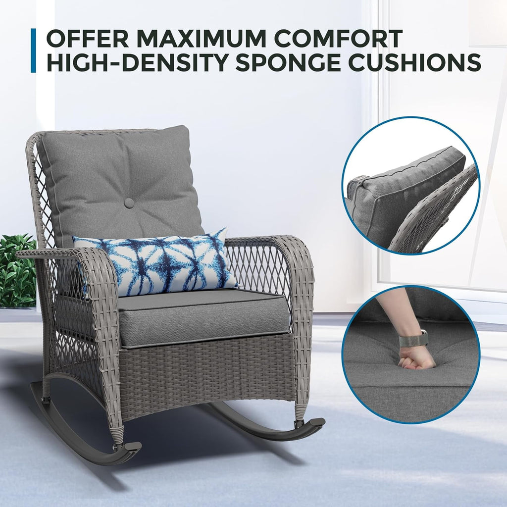 MRUAKA Outdoor Rocking Chairs Set of 3, Wicker Patio Furniture with Thickened Cushions and Table for Porch，350lbs Weight Capacity(Gray)