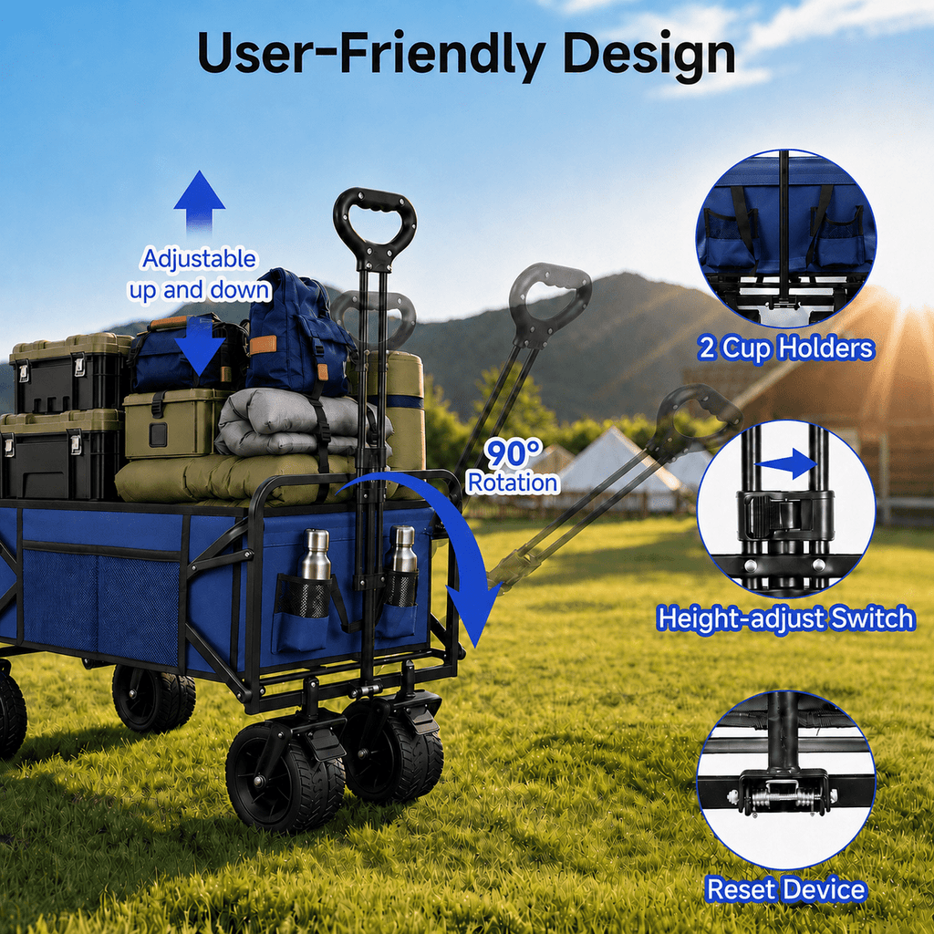 ANSFIL Collapsible Wagon with Wheels, Wagons Carts Foldable Wagon Cart with Flexible Handle, Folding Utility Heavy Duty Wagons Carts for Grocery Shopping Garden，Blue
