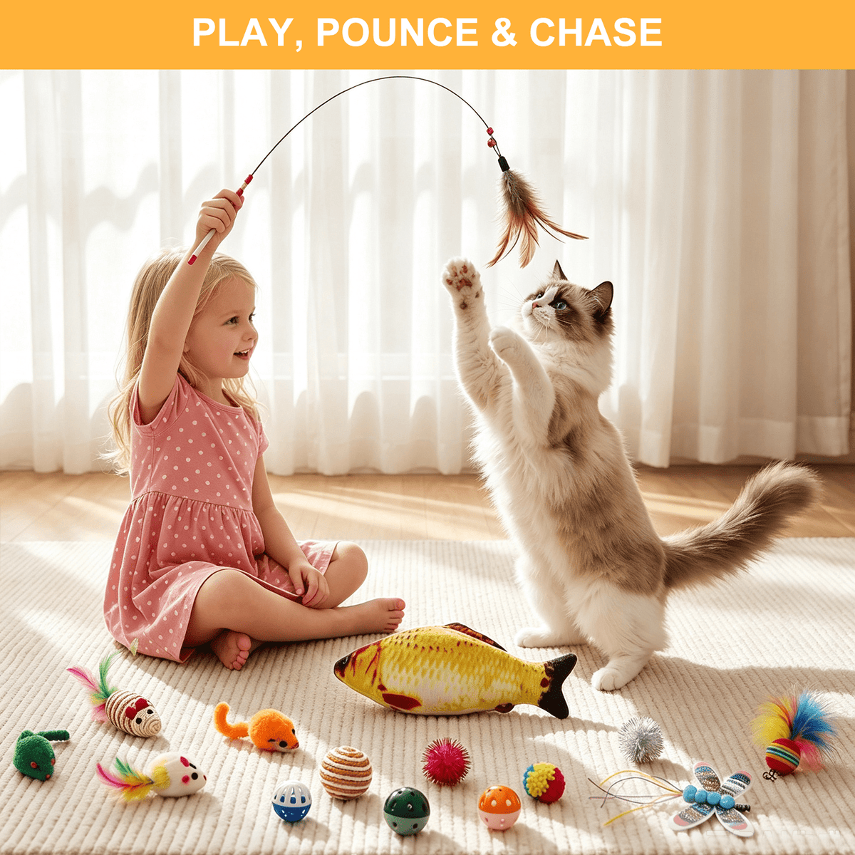 42 Pcs Cat Toys Kitten Toys, Interactive Cat Toy with Collapsible Cat Tunnel Bed, Interactive Kitty Toys Feather Teaser Spring Toy Set for Cat, Kitty