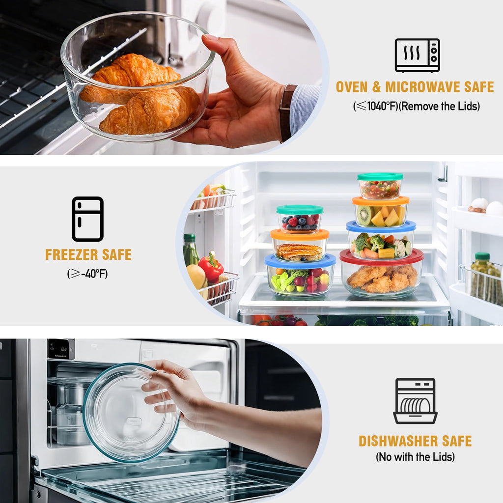 6-Piece Glass Food Storage Container Set, Round Meal Prep Containers with Lids, Includes 7-Cup, 4-Cup & 2-Cup Sizes, BPA-Free, Microwave & Dishwasher Safe