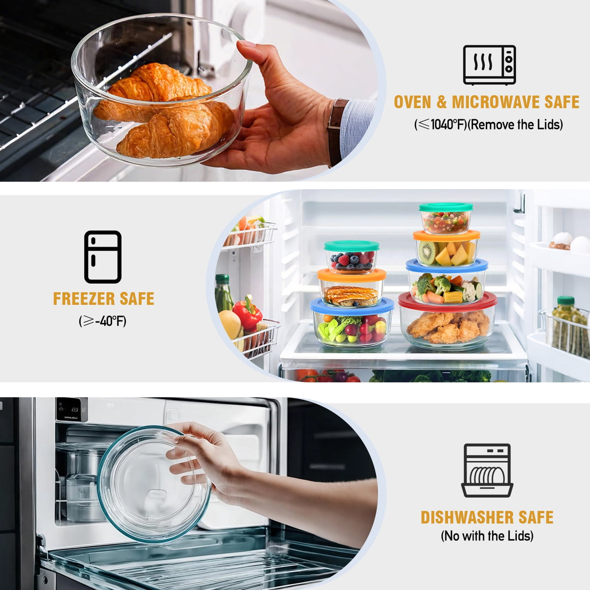 6-Piece Glass Food Storage Container Set, Round Meal Prep Containers with Lids, Includes 7-Cup, 4-Cup & 2-Cup Sizes, BPA-Free, Microwave & Dishwasher Safe