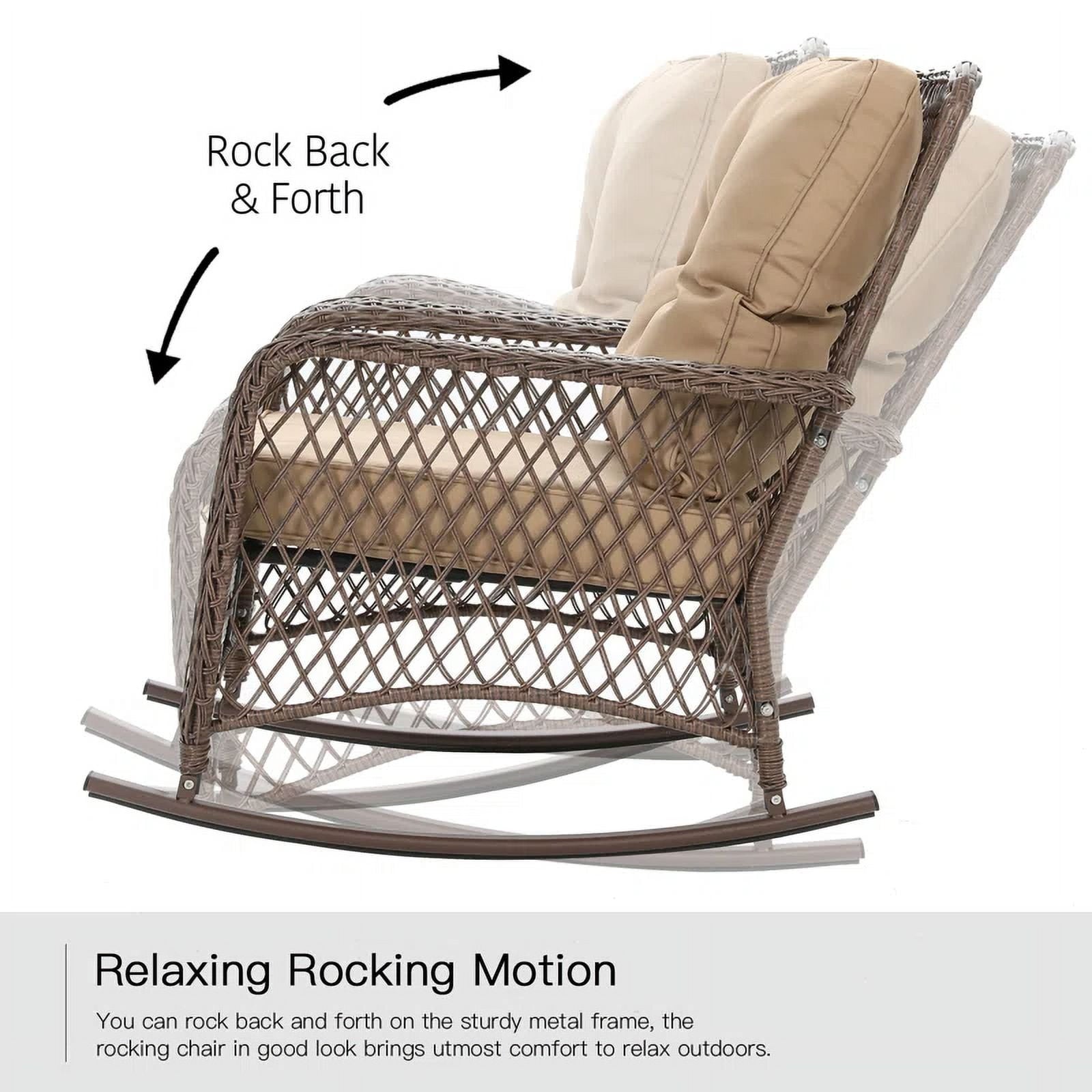 MRUAKA Outdoor Rocking Chairs Set of 3, Wicker Patio Furniture for Porch (Beige)