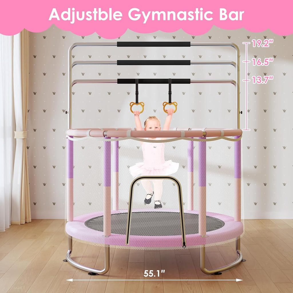 55" Trampoline for Kids with Safety Net, 3-Level Adjustable Height, 500lb Capacity Indoor & Outdoor Jumper with Basketball Hoop for Boys & Girls, Pink