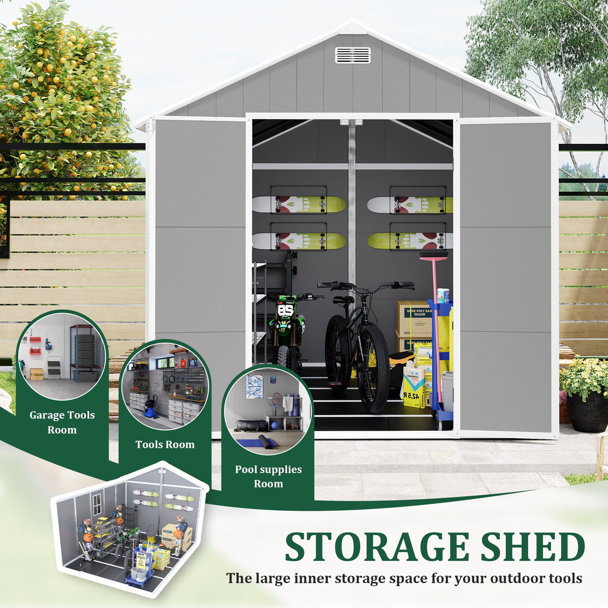 Resin Shed, Outdoor Storage Shed 7.5x10.3FT Extra Large, Outside Garden Shed for Lawn Mover Bike Tool, w/Double Doors, Air Vents, Double Windows, PP Floor