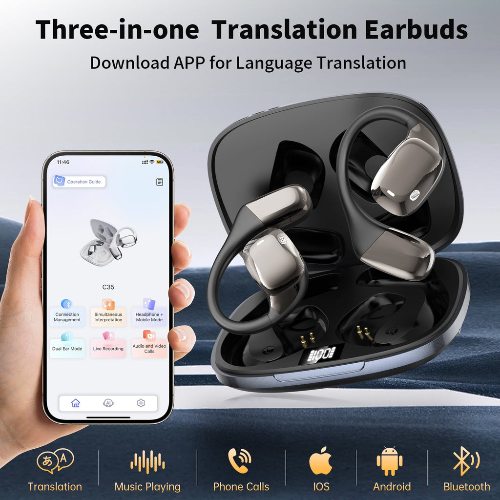 AI Translation Earbuds Real Time, 144 Languages Translator Earbuds, 3-in-1 Wireless Bluetooth Open-Ear Headphones with App for iOS & Android, Travel, Business & Language Learning