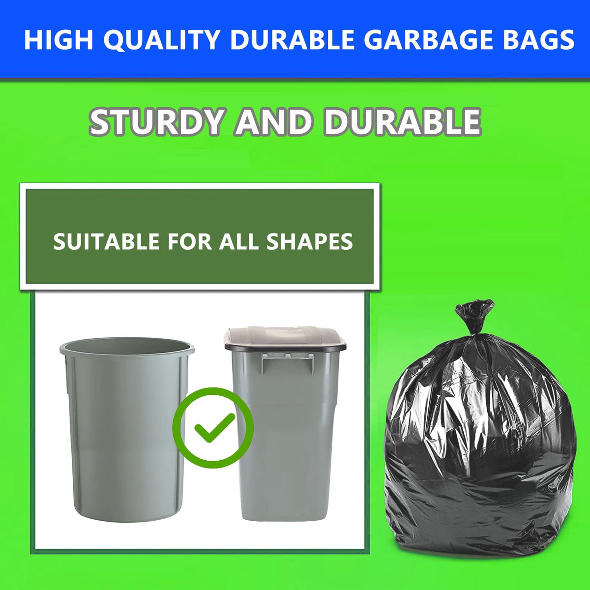 55 Gallon Trash Bags (60 Count), Black Heavy Duty Outdoor Garbage Bags, with Tying Ropes