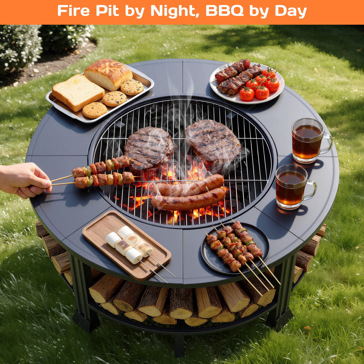38" Fire Pits for Outside, SEGMART Outdoor Fire Pit, Round Wood Burning Fire Pit with Grill, Poker, Waterproof Cover, Fire Pit Table for Patio BBQ, Backyard Fire Pit, Firepit for Outside Patio, Black