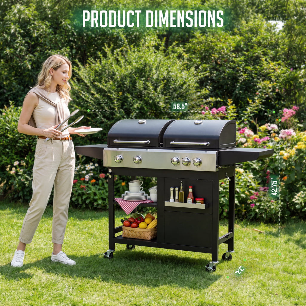 5-Burner Propane Gas Grill and Griddle Combo, 54,000 BTU Dual Fuel BBQ Grill with Side Burner for Backyard, Patio Outdoor Cooking & Entertaining