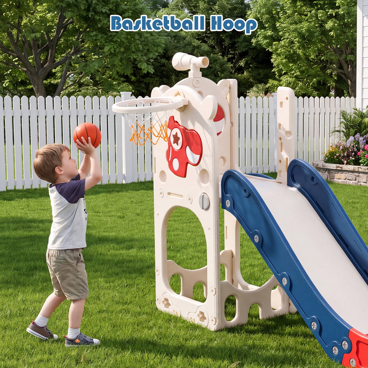 7-in-1 Toddler Slide with Climber and Basketball Hoop, Foldable Indoor Outdoor Kids Slide Playset with Golf Set