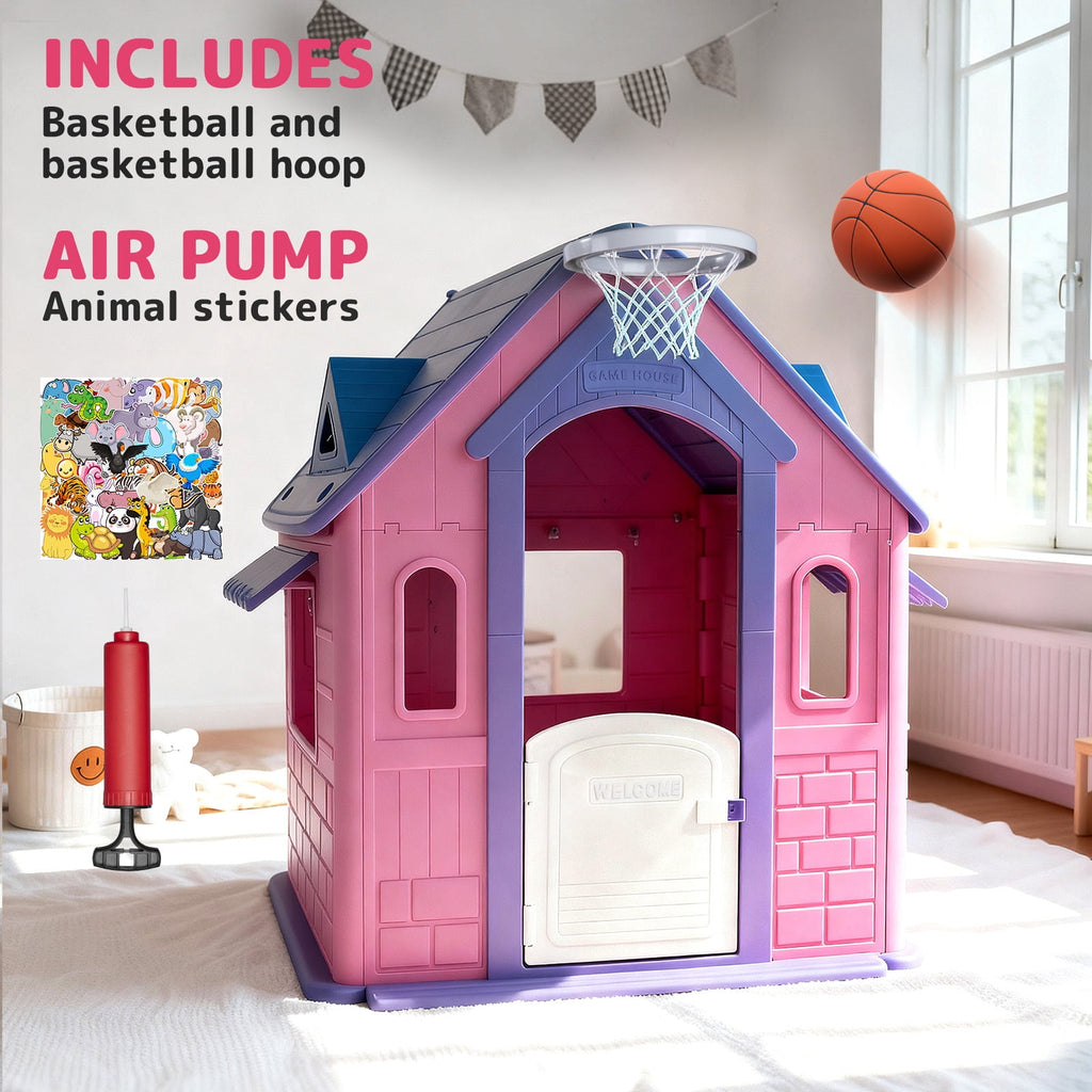 Playhouse for Kids,Kids Playhouse with Basketball Ring Toss Play and DIY Stickers, Activity Center Game House for Indoor Outdoor,Gift for Girls Boys