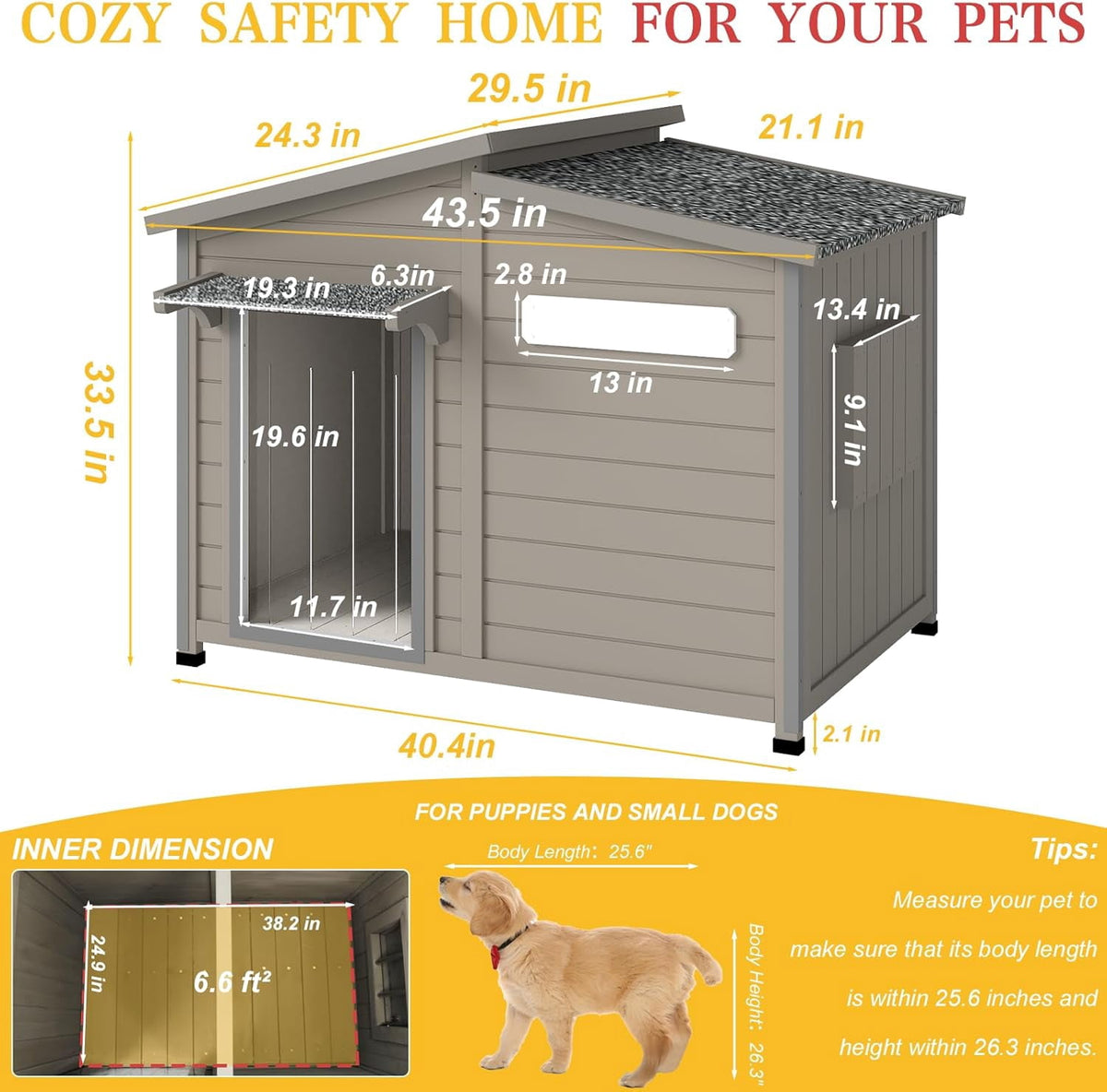 40"L Outdoor Dog House with Asphalt Roof & Window, Gray