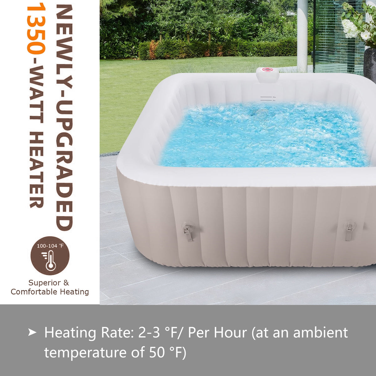 4-6 Person Inflatable Hot Tub, 130 Bubble Jets Square Outdoor Spa