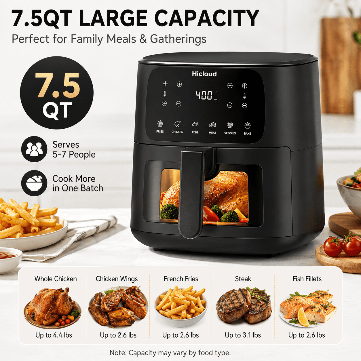 Hicloud 7.5QT Air Fryer, 1600W Large-Capacity Air Fryer with Visible Window, Touchscreen, 6 Cooking Presets, Adjustable Time & Temperature, Nonstick Basket, Black