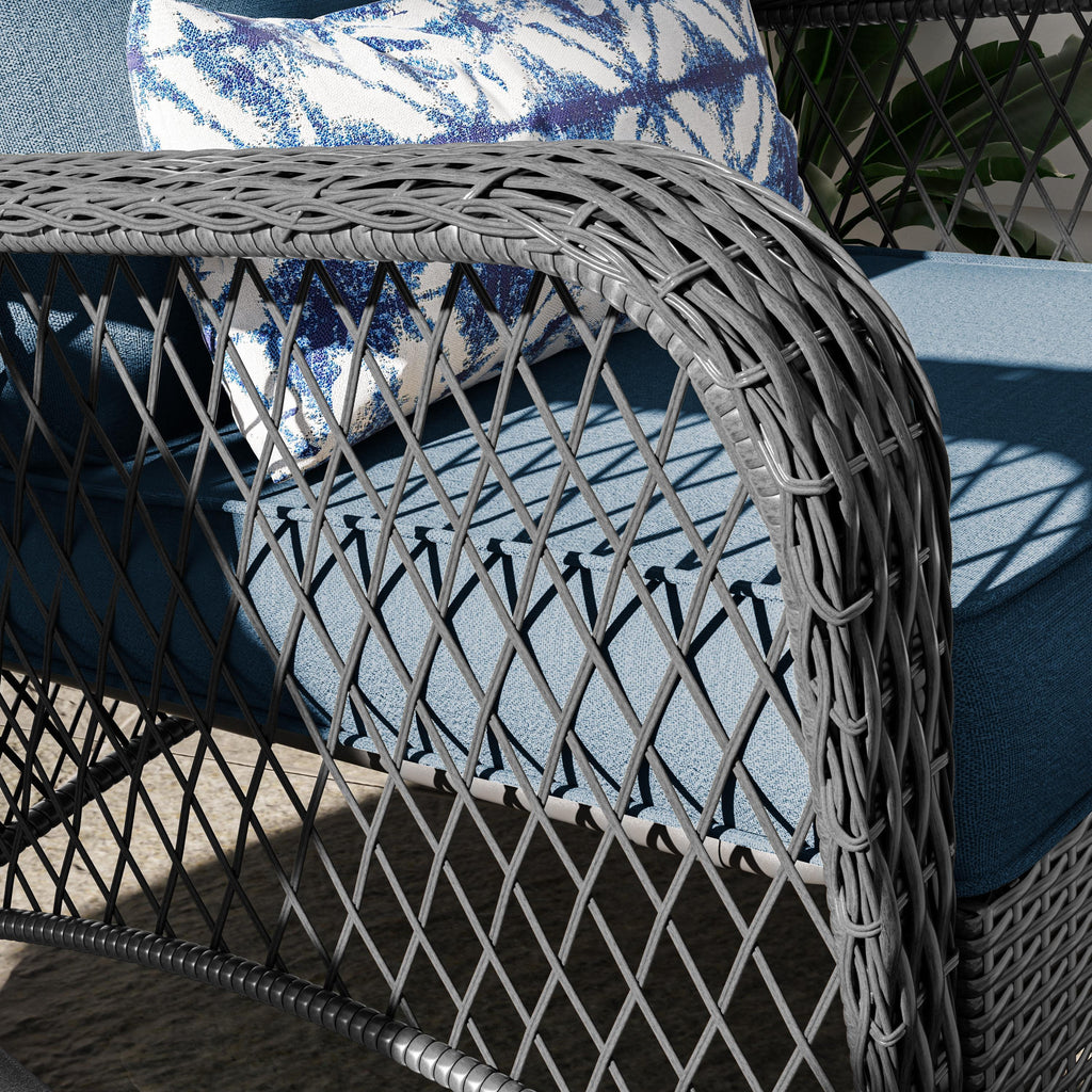 MRUAKA Outdoor Rocking Chairs Set of 3, Wicker Patio Furniture with Thickened Cushions and Table for Porch，350lbs Weight Capacity(Blue)