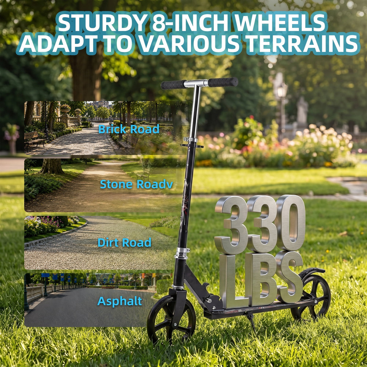 Kick Scooter with 3 Adjustable Levels,Folding Commuter Scooter 8 Inch Big Wheels for Teens & Adults,Black