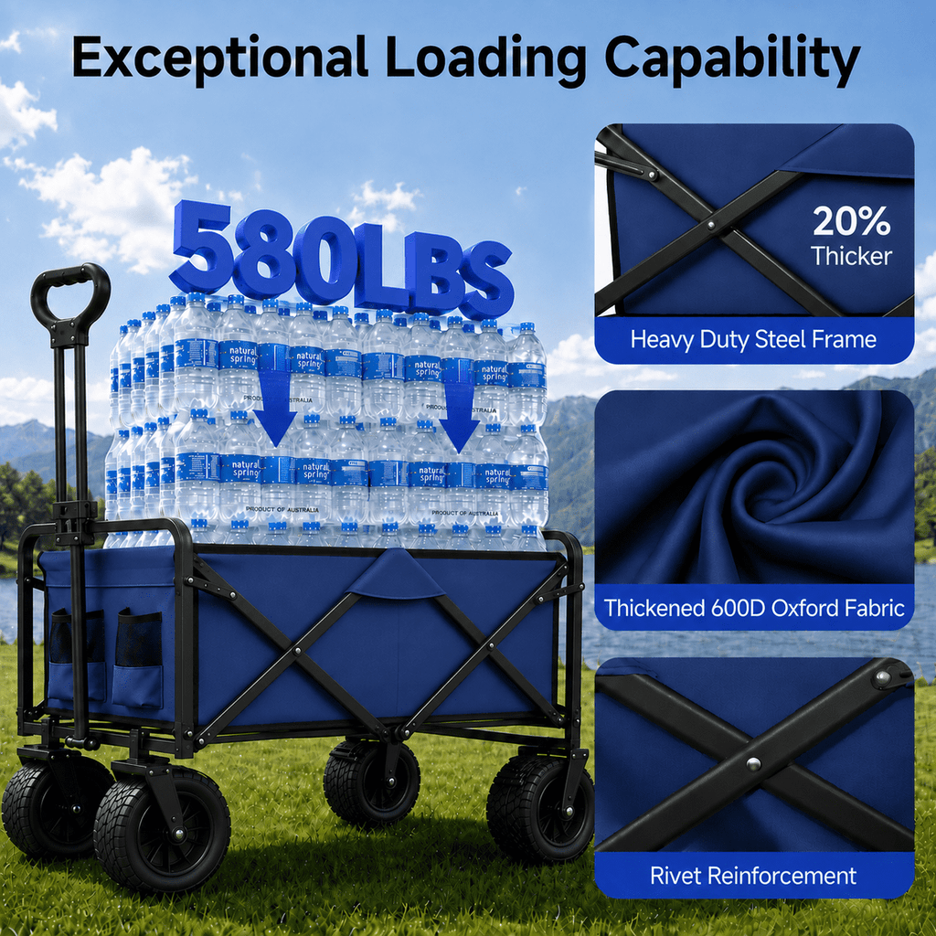ANSFIL Collapsible Wagon with Wheels, Wagons Carts Foldable Wagon Cart with Flexible Handle, Folding Utility Heavy Duty Wagons Carts for Grocery Shopping Garden，Blue