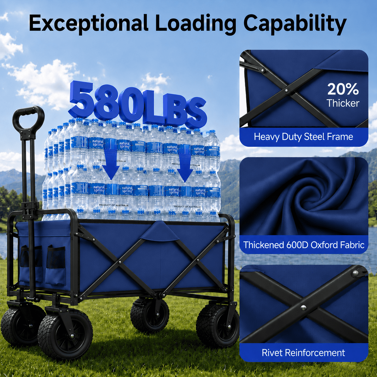 ANSFIL Collapsible Wagon with Wheels, Wagons Carts Foldable Wagon Cart with Flexible Handle, Folding Utility Heavy Duty Wagons Carts for Grocery Shopping Garden，Blue