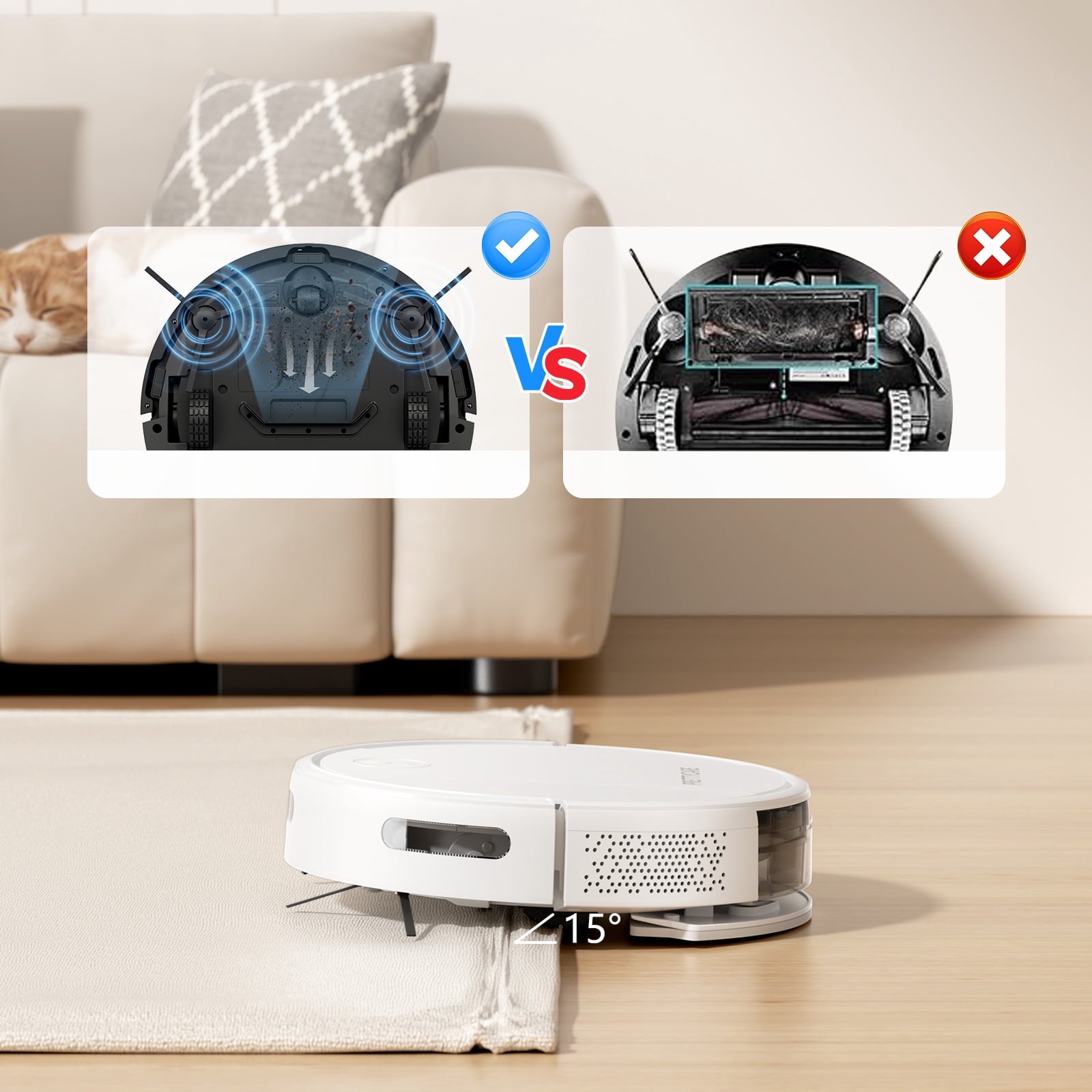 PrettyCare C2-v2 Robot Vacuum and Mop Combo Cleaner, 3-in-1, 8000Pa Suction, 5200mAh Battery, White