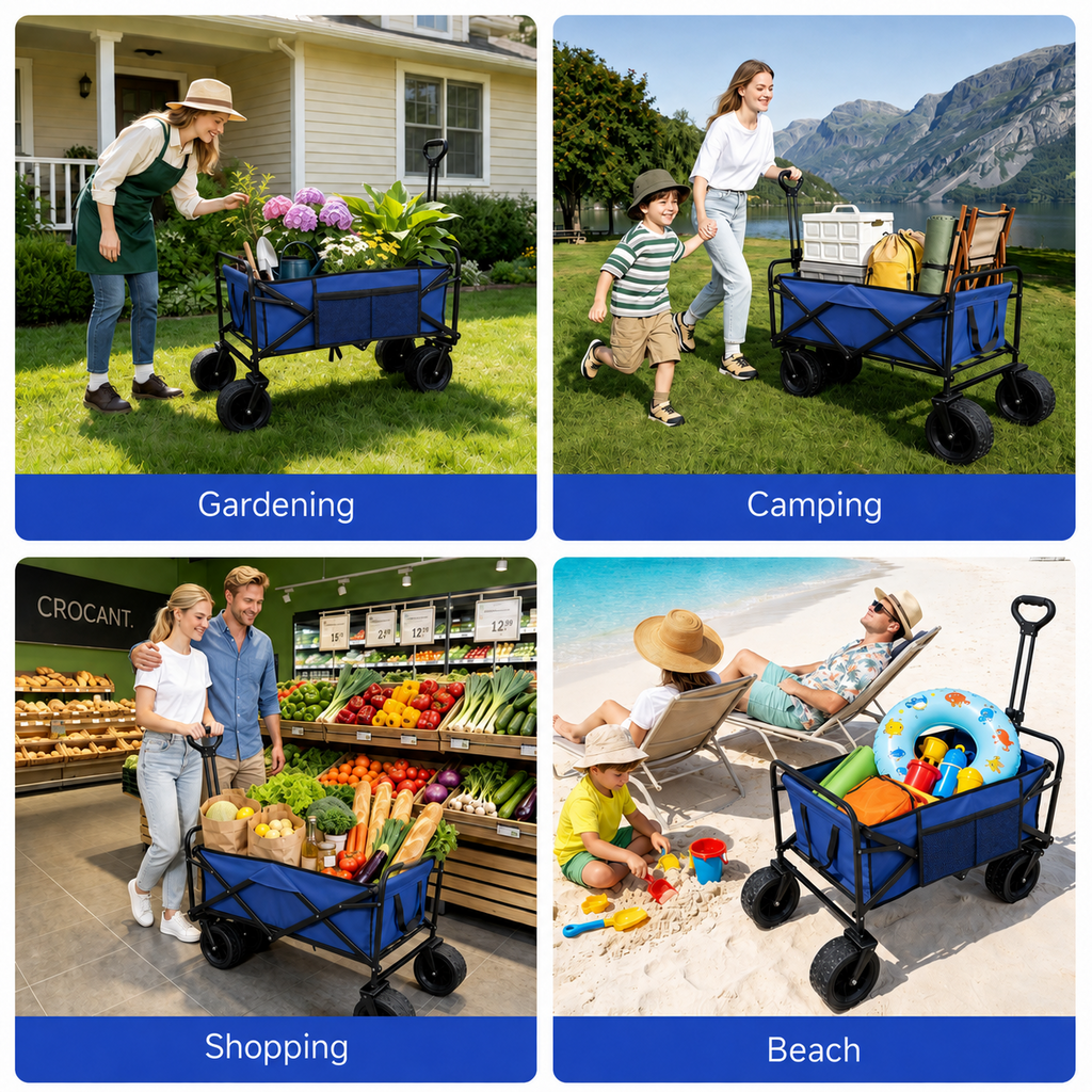 ANSFIL Collapsible Wagon with Wheels, Wagons Carts Foldable Wagon Cart with Flexible Handle, Folding Utility Heavy Duty Wagons Carts for Grocery Shopping Garden，Blue