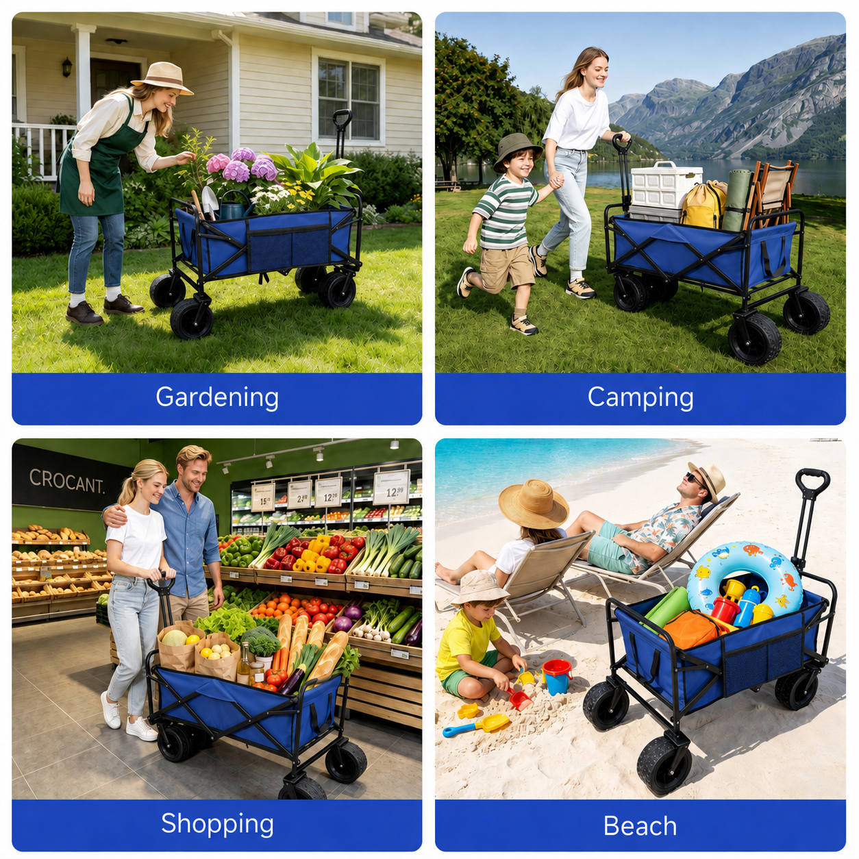 ANSFIL Collapsible Wagon with Wheels, Wagons Carts Foldable Wagon Cart with Flexible Handle, Folding Utility Heavy Duty Wagons Carts for Grocery Shopping Garden，Blue