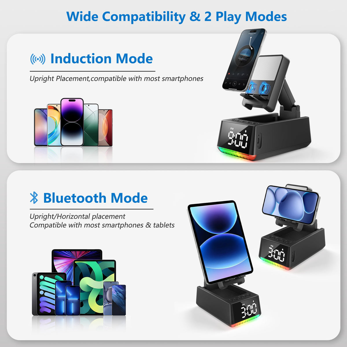 Wireless Induction Bluetooth Speaker, Phone Stand Speaker with Digital Clock & RGB Light, HD Stereo Sound, Foldable Cell Phone Stand for IPhone Android IPad, Tech Gadget Gifts for Men Women Teens