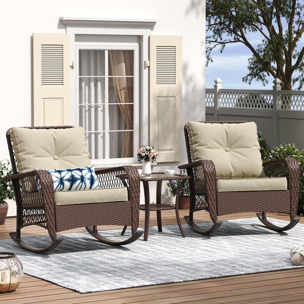 MRUAKA Outdoor Rocking Chairs Set of 3, Wicker Patio Furniture with Thickened Cushions and Table for Porch，350lbs Weight Capacity(Brown & Off-white)