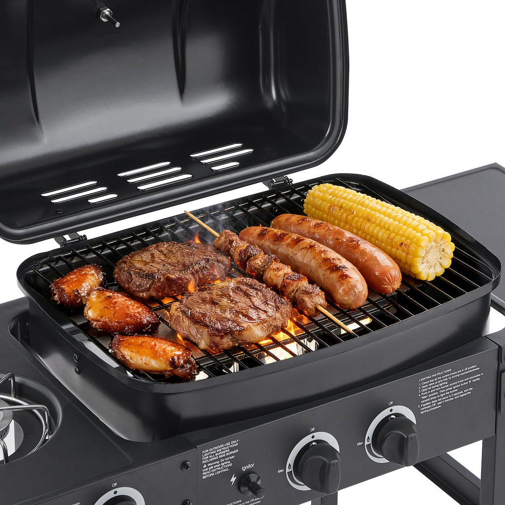 Portable Gas Grill, 24000BTU Grills with 2 Large Wheels, Propane Grill with Side Burner and Thermometer for Patio Activity