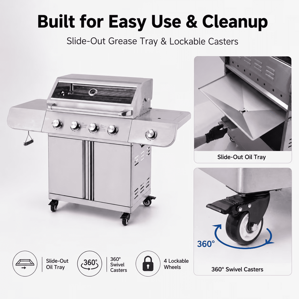 5 Burner Bbq Propane Gas Grill with Side Burner, Barbecue Grills with 627 Sq.in Cooking Area, Griddle Combo, 50000 Btu, Stainless Steel, Porcelain Grates