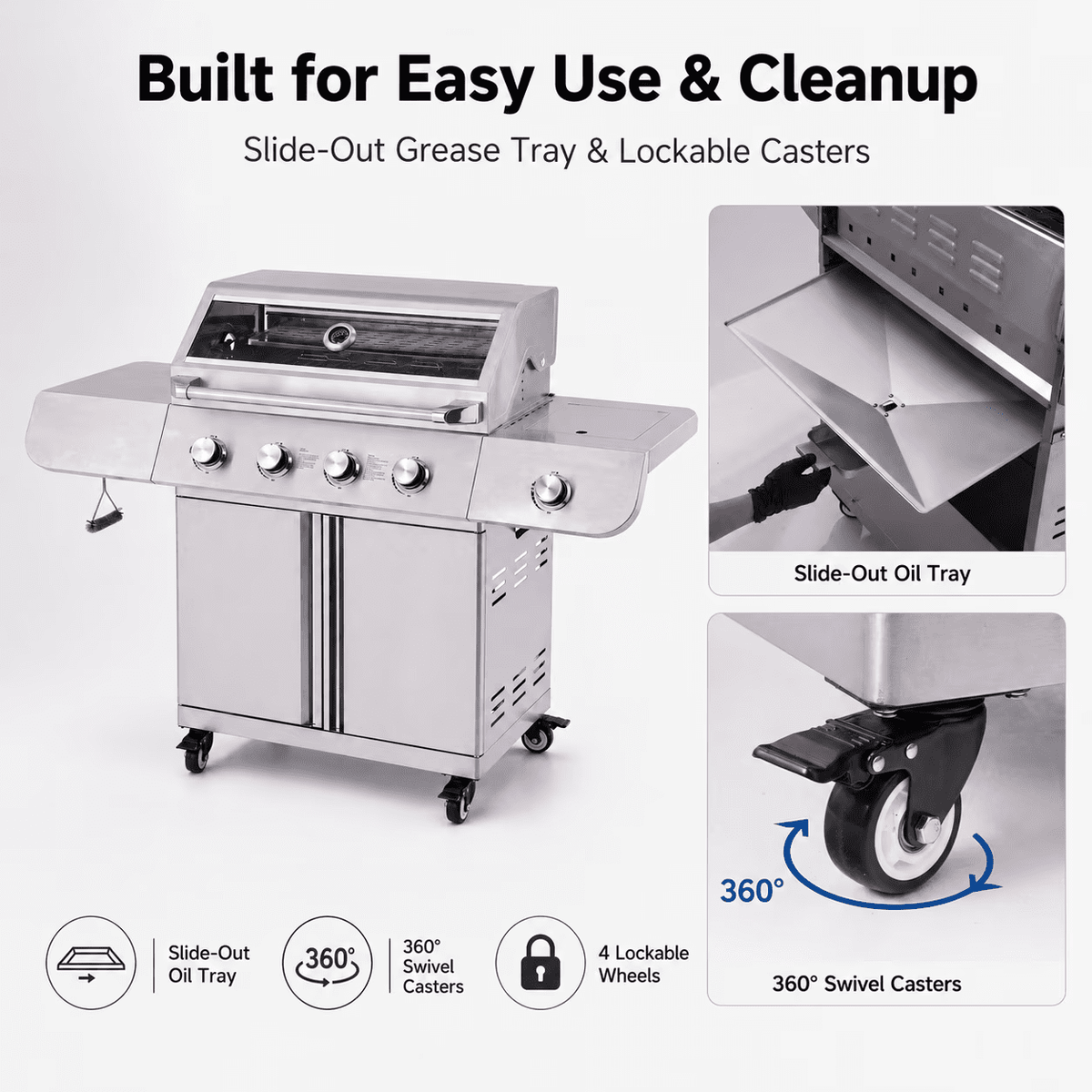 5 Burner Bbq Propane Gas Grill with Side Burner, Barbecue Grills with 627 Sq.in Cooking Area, Griddle Combo, 50000 Btu, Stainless Steel, Porcelain Grates