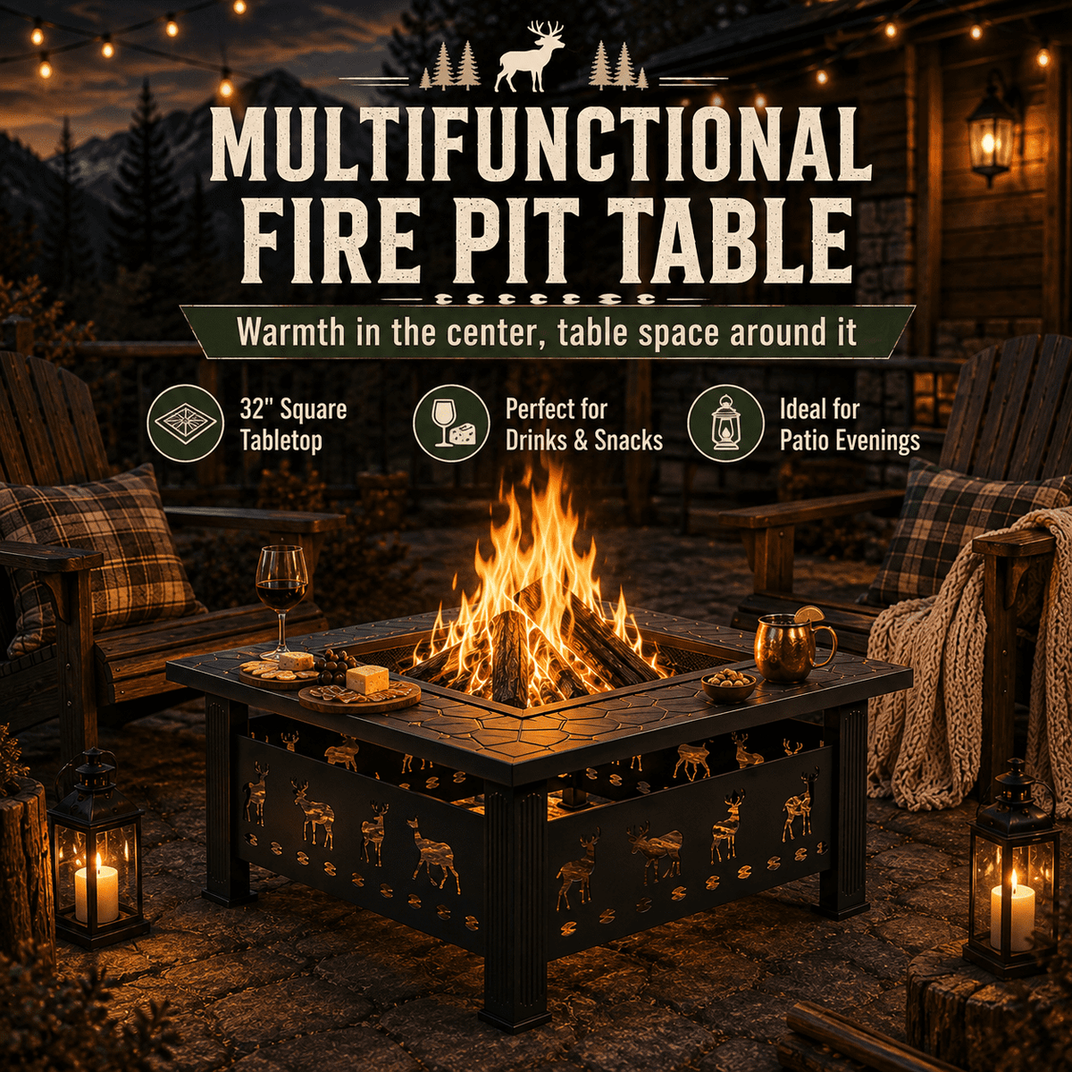 32’’ Square Fire Pit for Outdoor, Heavy-Duty Wood Burning Firepit Table with Screen Lid, Fire Poker and Elk Cutout Panels for Patio, Backyard and Garden