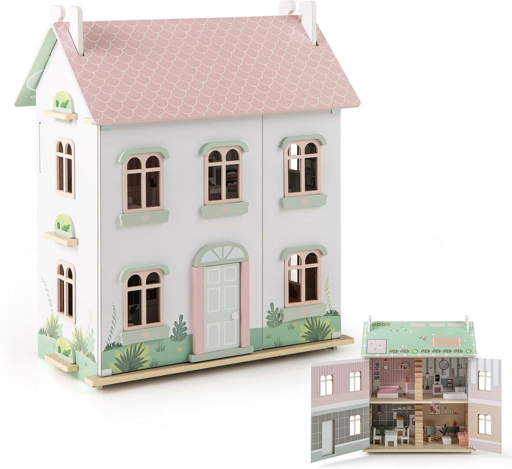 Wooden Dollhouse with warm LED Lights, 3-Story Pretend Play Doll House with 16 Furniture & Accessories, DIY Princess Playhouse, Creative Gift for Girls