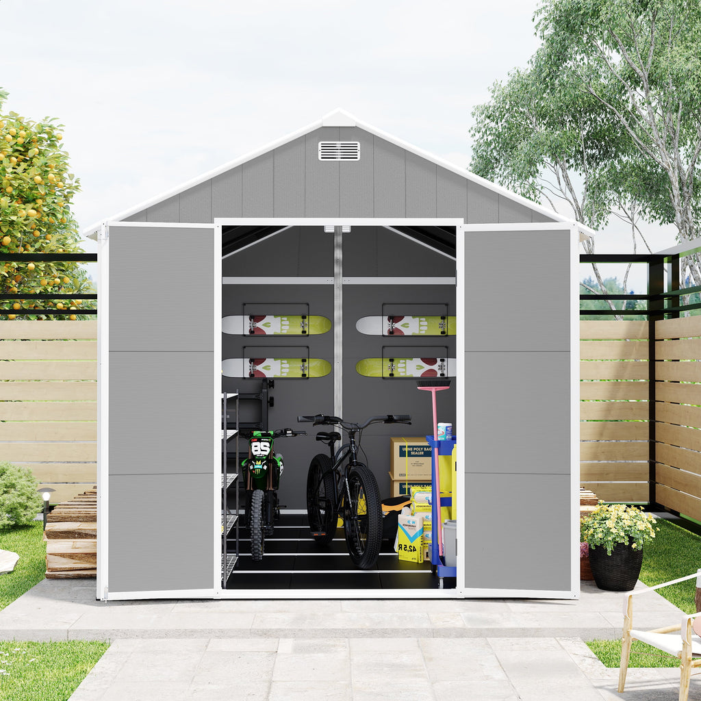 Resin Shed, Outdoor Storage Shed 7.5x10.3FT Extra Large, Outside Garden Shed for Lawn Mover Bike Tool, w/Double Doors, Air Vents, Double Windows, PP Floor