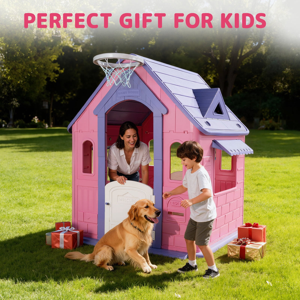 Playhouse for Kids,Kids Playhouse with Basketball Ring Toss Play and DIY Stickers, Activity Center Game House for Indoor Outdoor,Gift for Girls Boys