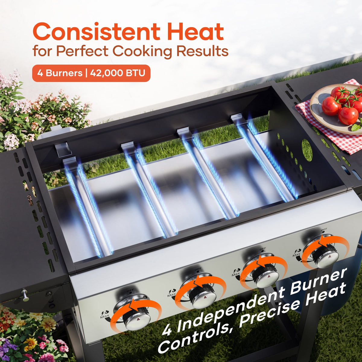 4-Burner Propane Gas Griddle with Stainless Steel Pan,42,000 BTU Flat Top BBQ Grill with Two Foldable Shelves and Griddle Cover for Outdoor Camping Patio