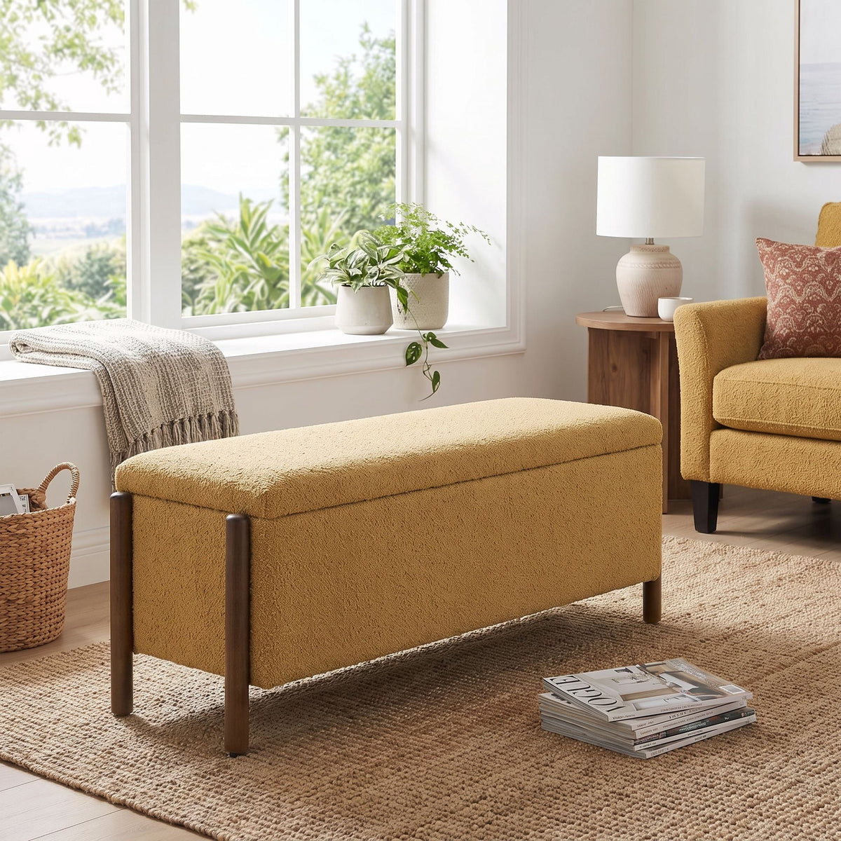 Upholstered Chenille Storage Bench, Spring Hinge Lift‑Top Storage Ottoman Bench, Solid Wood Legs, Anti‑Pinch Hinge, for Bedroom End of Bed, Entryway, Living Room,Yellow