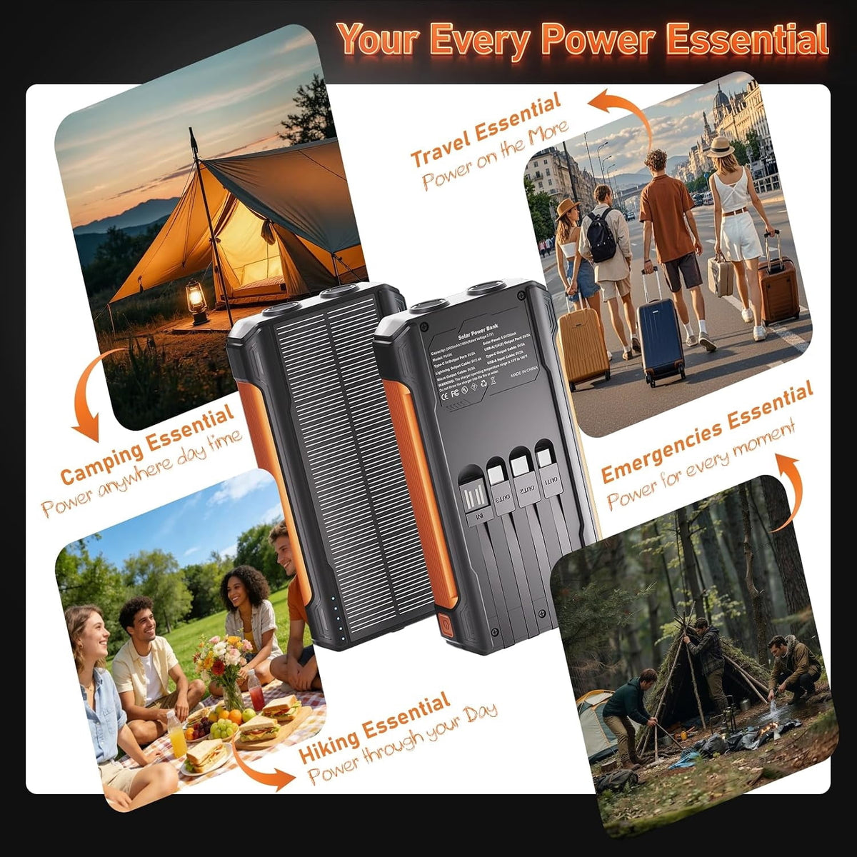 SOLPOWBEN Solar Power Bank 20000mAh Portable Charger for Cell Phones, 15W Fast Charging, Built-in 4 Cables, with Dual LED Flashlight for Camping, Hiking and Emergency