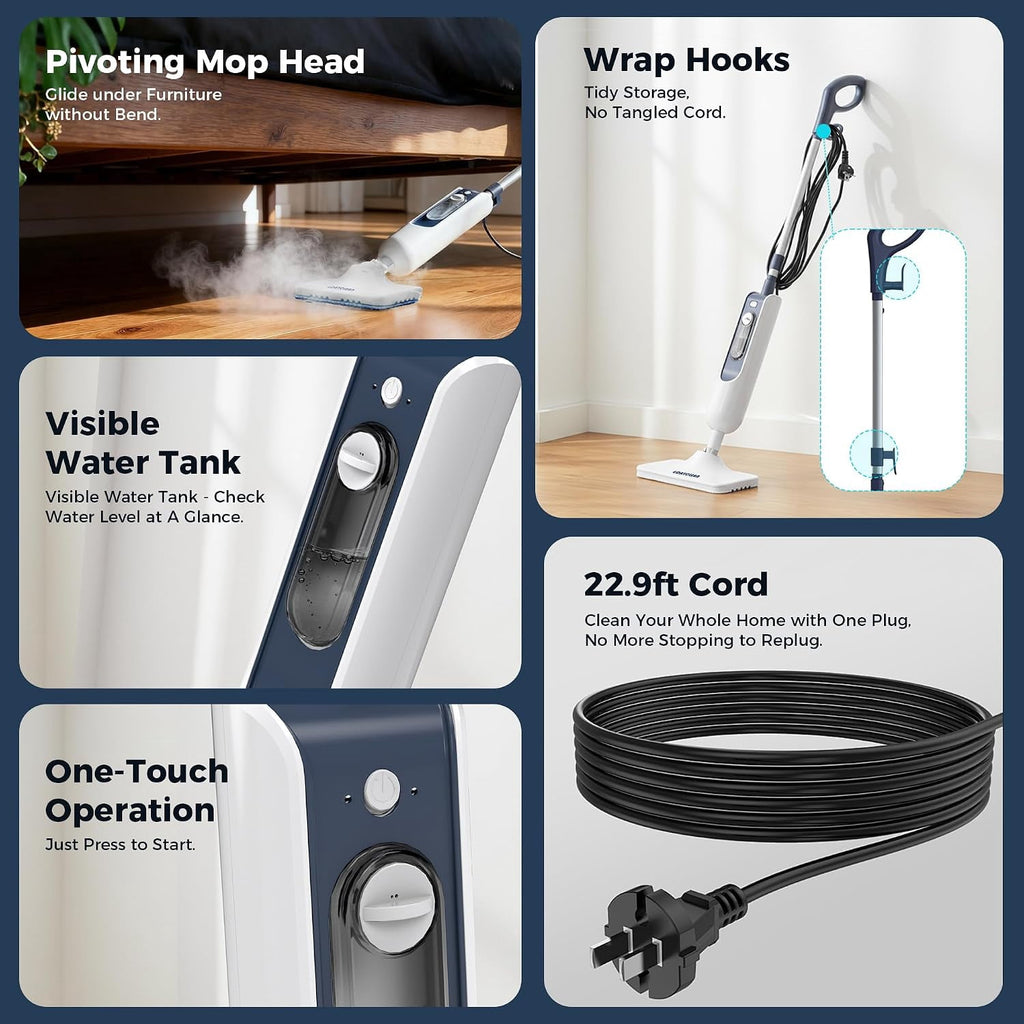 Steam Mop with Scent Pad Compartment, 1200W Multi-Purpose Steam Cleaner, 3 Steam Levels, 450ml Removable Water Tank, Self-Standing Design, Detachable Handheld Steamer, White