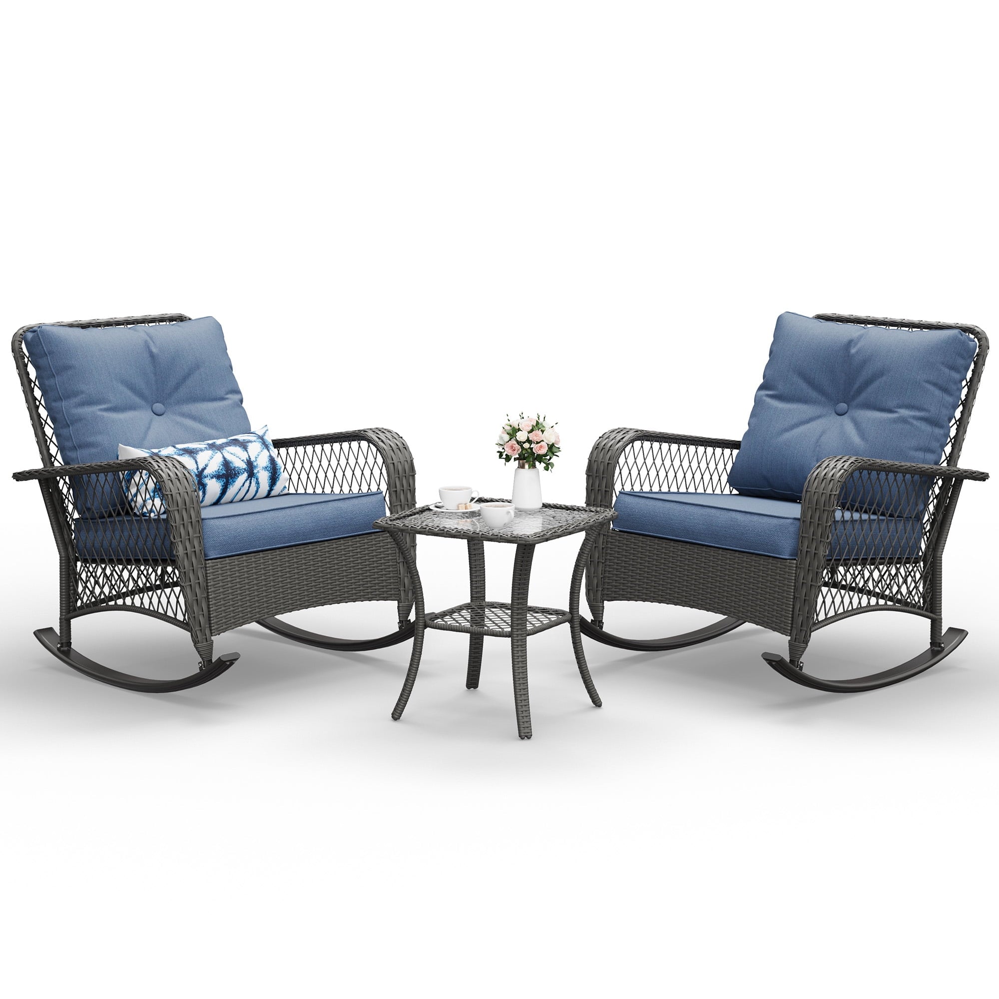 MRUAKA Outdoor Rocking Chairs Set of 3, Wicker Patio Furniture with Thickened Cushions and Table for Porch，350lbs Weight Capacity(Blue)