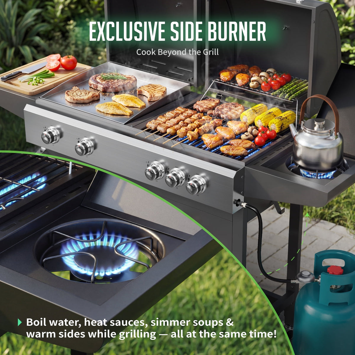 5-Burner Propane Gas Grill and Griddle Combo, 54,000 BTU Dual Fuel BBQ Grill with Side Burner for Backyard, Patio Outdoor Cooking & Entertaining