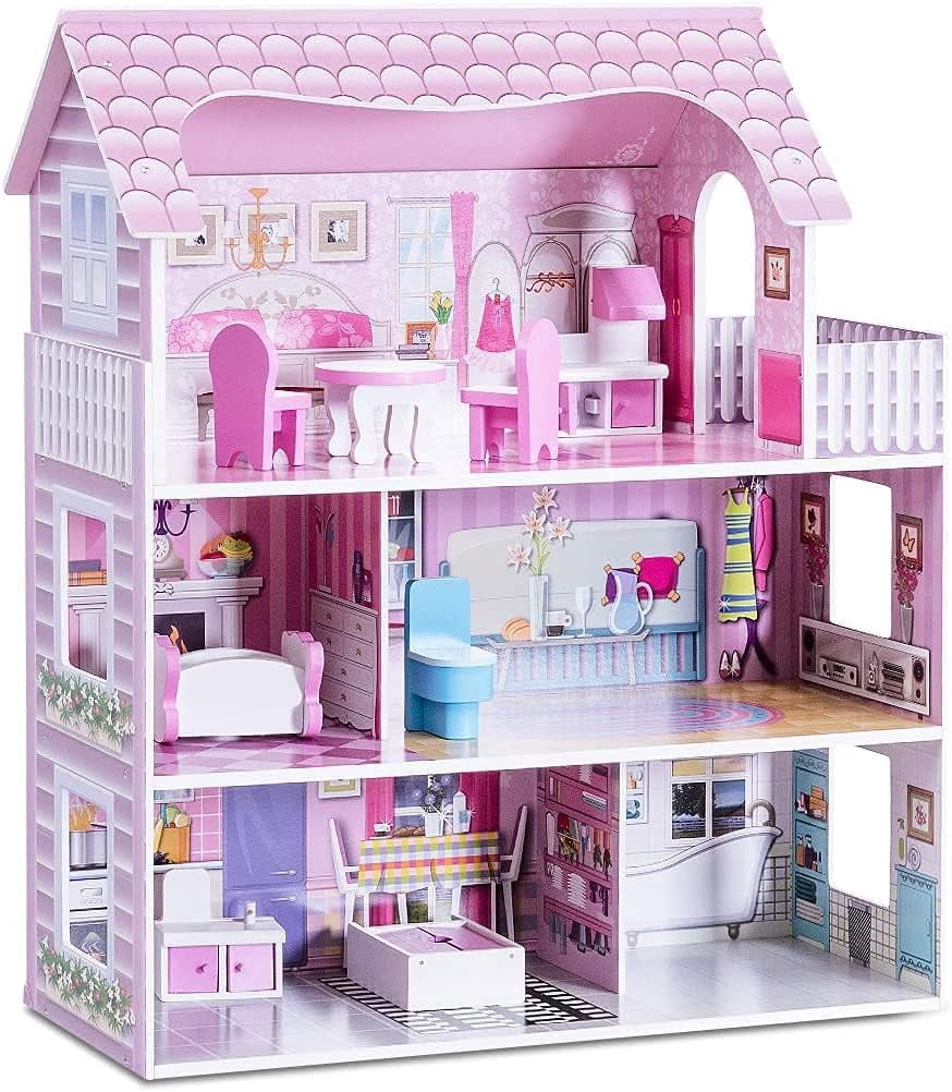 Wooden Dollhouse with warm LED Lights, 3-Story Pretend Play Doll House with 16 Furniture & Accessories, DIY Princess Playhouse, Creative Gift for Girls