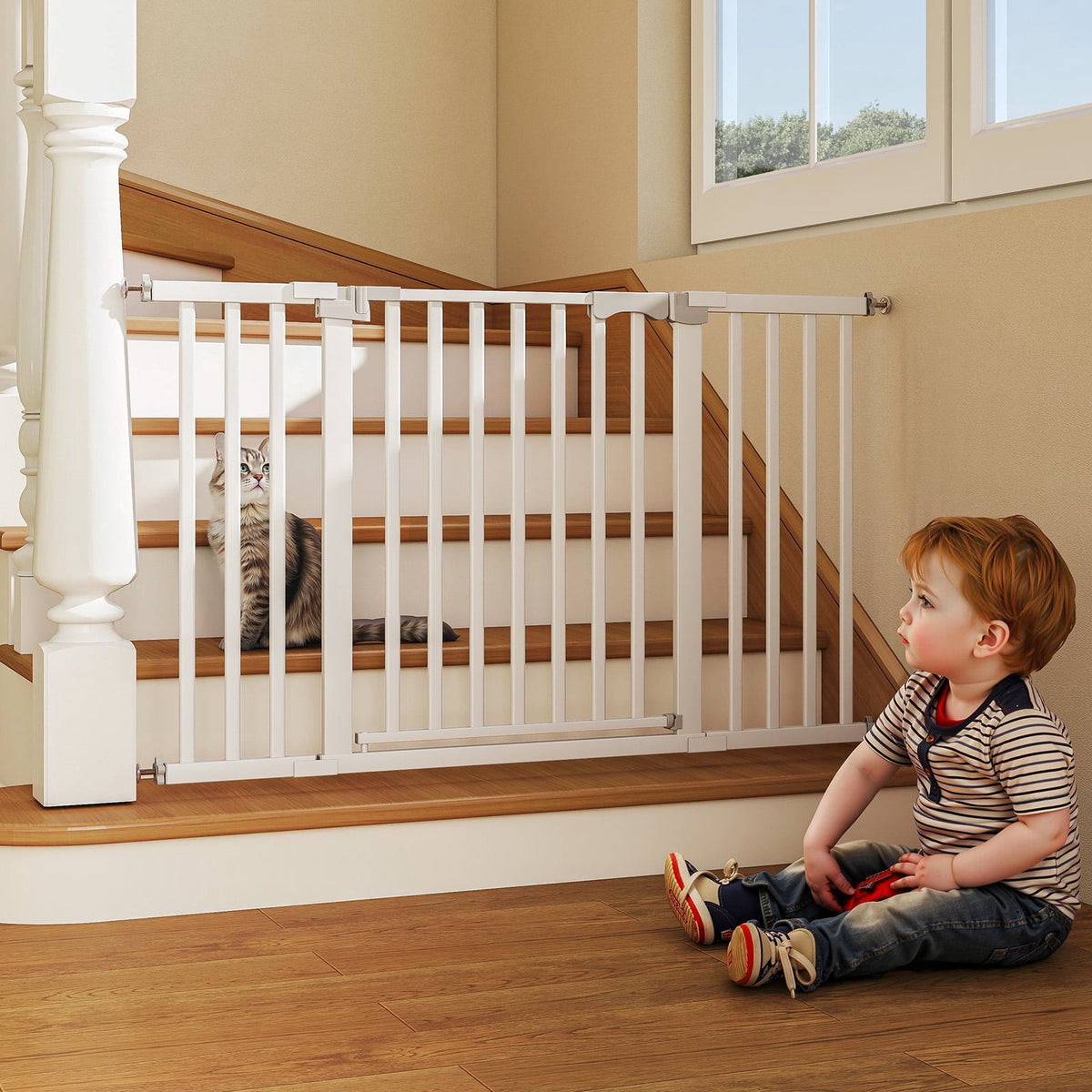 30"-50" Baby Gates for Doorway, Auto Close Pet Gate, Gifts for Mom, Easy Install Pressure Mounted Dog Door, White