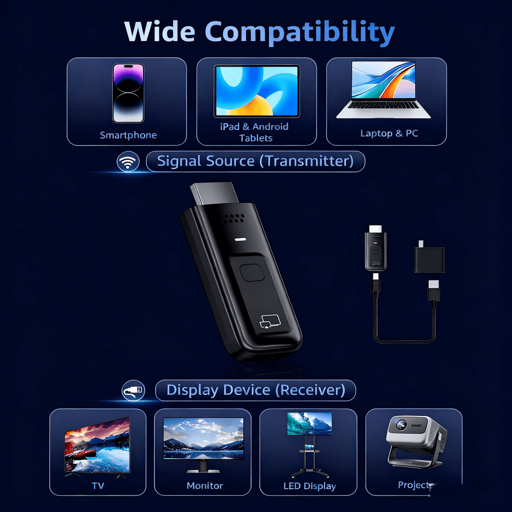 Wireless HDMI Transmitter and Receiver, 2-in-1 Plug & Play Wireless HDMI Display Adapter, 4K Decode 1080P Output, Screen Mirroring from Laptop PC Phone to TV Monitor Projector