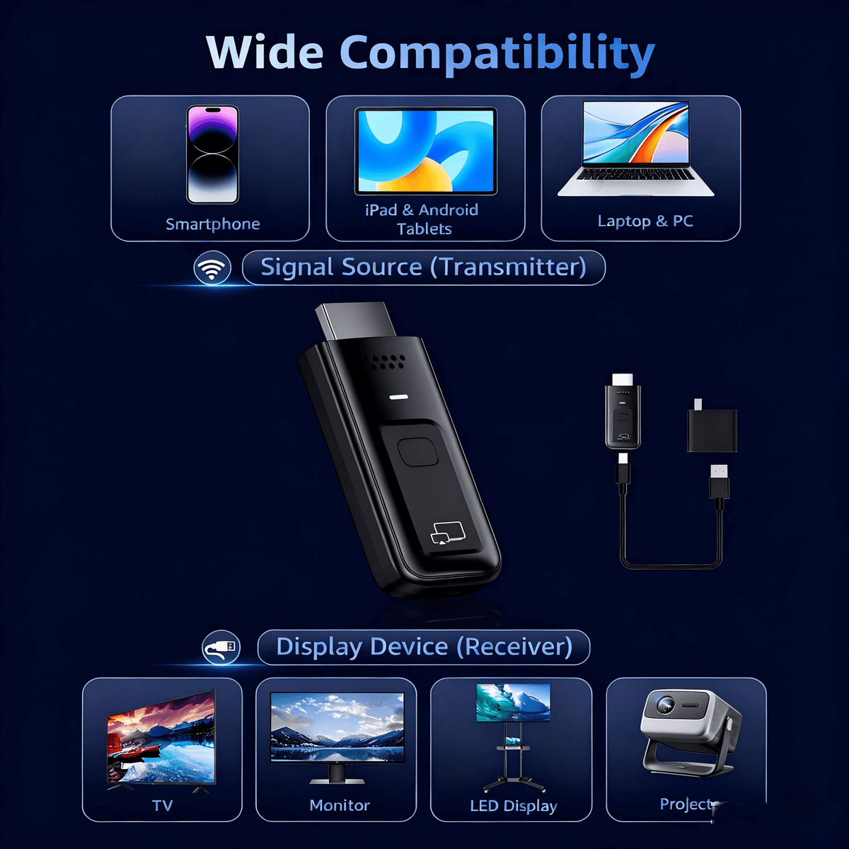 Wireless HDMI Transmitter and Receiver, 2-in-1 Plug & Play Wireless HDMI Display Adapter, 4K Decode 1080P Output, Screen Mirroring from Laptop PC Phone to TV Monitor Projector