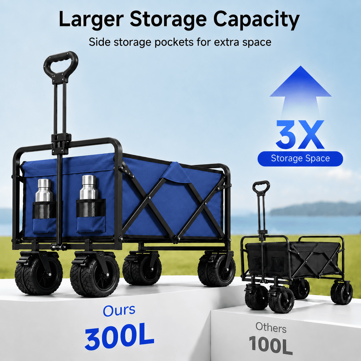 Collapsible Wagon with Wheels, Wagons Carts Foldable Wagon Cart with Flexible Handle, Folding Utility Heavy Duty Wagons Carts for Grocery Shopping Garden