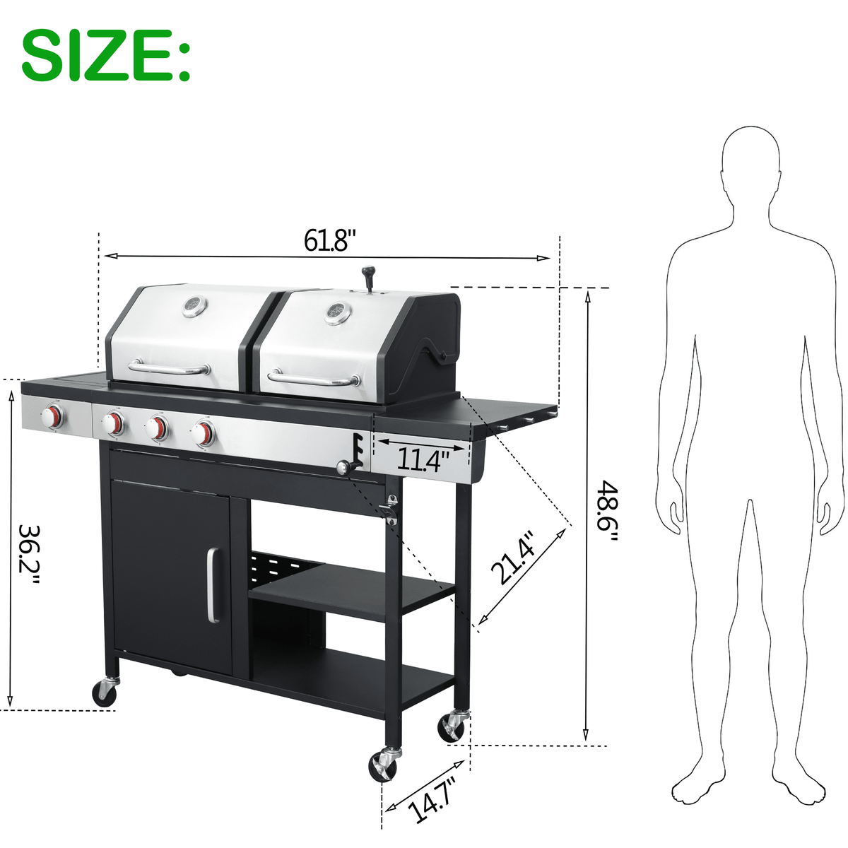 3-IN-1 Outdoor Gas Grill Combo, Charcoal Grill Smoker Adjustable Height, 3-Burner Propane Gas BBQ Grill with Side Burner, Cast Iron Grid, 2-side Gribble, Storage Shelf, Adjustable Vent